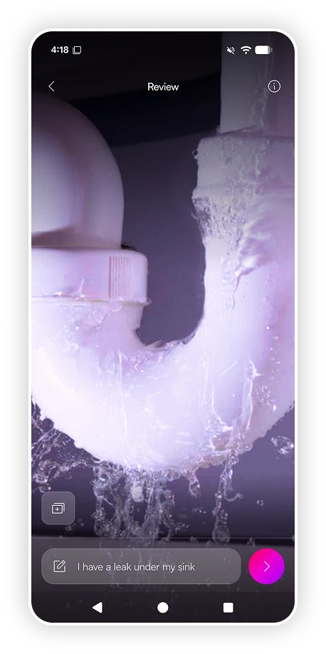 The FinderlyFix app reviewing a leak under a sink