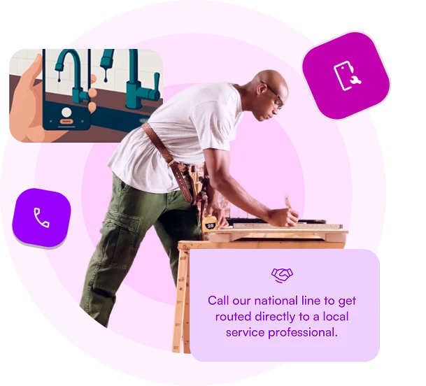 A homeowner at work beside the FinderlyFix app, with the note: call our national line to get routed directly to a local service professional